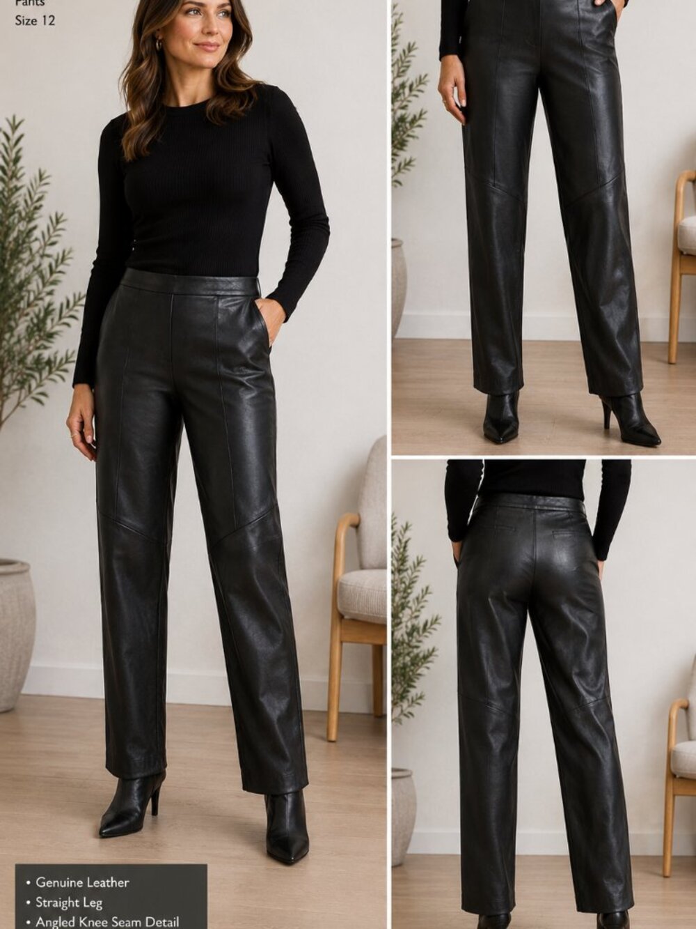 647 - Danier Black Genuine Leather Straight Leg Pants Size 12 Never Worn